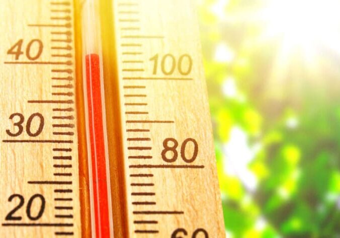 Wooden thermometer in a sunny garden.